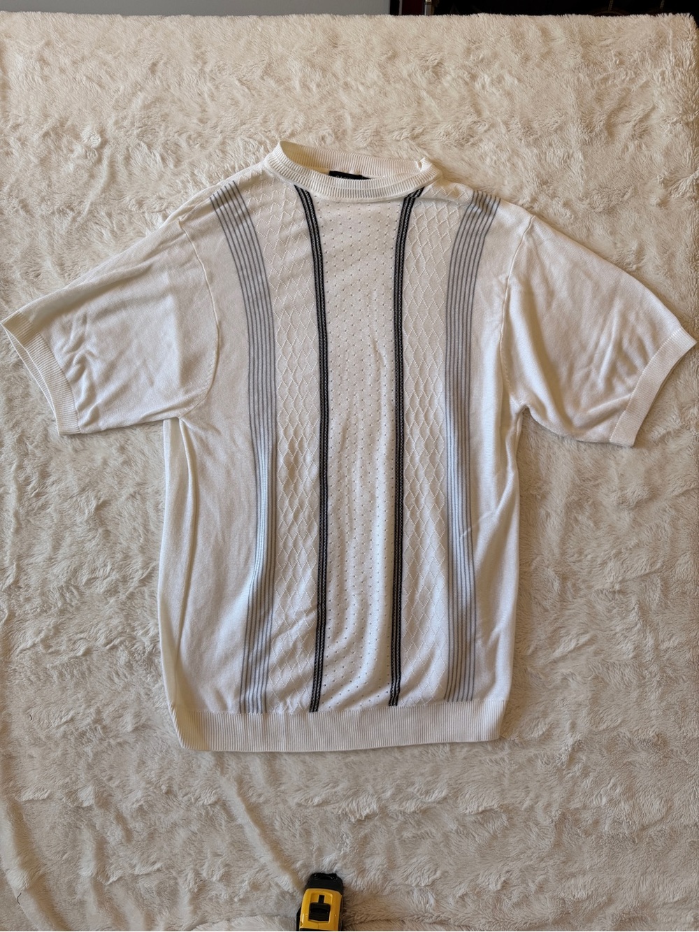 Vintage Textured Knit Short Sleeve Sweater White Black Stripes L